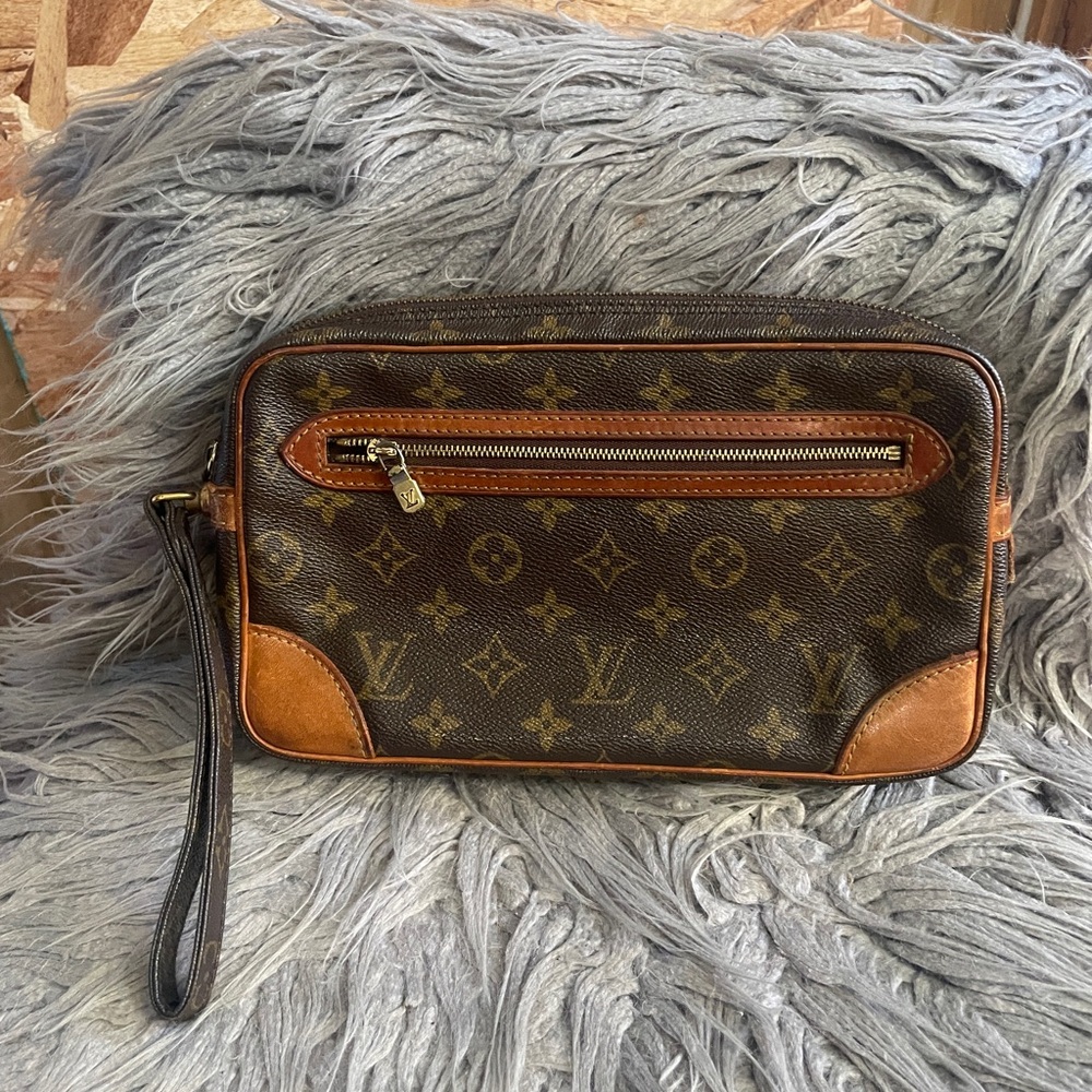 Louis Vuitton Vintage Marley Dragonne Canvas Clutch Wristlet in Brown and Tan
